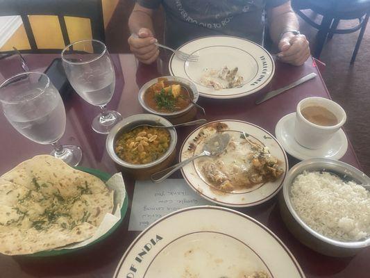 Garlic naan, samosa chat in the middle (which is awesome)