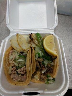 One chicken and one asada taco. Always a plus when they include a lemon and a jalapeno.