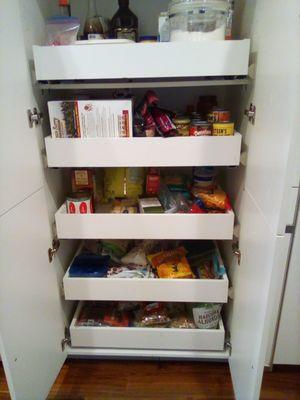 Shelves organized by category - nuts, fruits, canned goods, baking.. However you wish