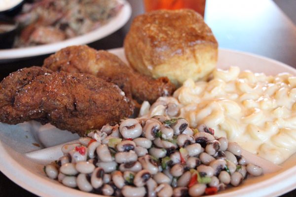 Fried chicken, black eye pea salad, Mac and cheese