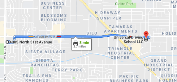 Arizona MVD is only 2.7 miles & apprx. 8 minutes from the UDS.