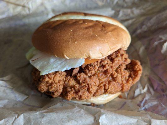 Spicy Chicken Burger for $7.59 + $0.49 up-charge for onions.