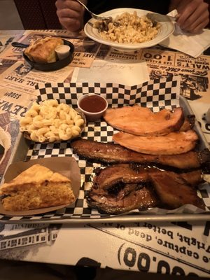 Bbq brisket, smoked Turkey, corn bread, Mac and cheese