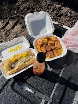 Moonlight garlic shrimp and sausage and a Kraut dog