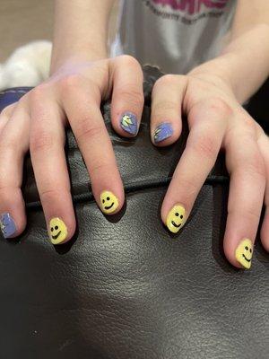 Her nails she requested the smiles and flowers.