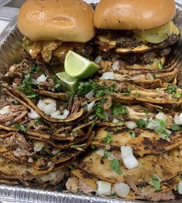 Meal Box Combo with burgers and birria tacos...wow