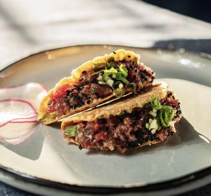 Tuna Taco. Wonton shell, guacamole, tuna tartare, furikake.