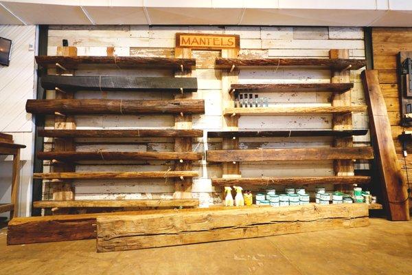 Custom reclaimed and live edge mantels, varying length, species, finishes and we custom cut to your length.