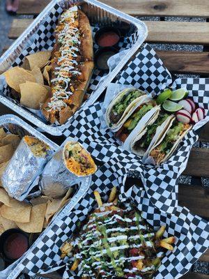 Our most popular dishes, loco fries! Authentic street tacos! Burro loco! And our massive MexiDog!