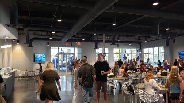 Lobby with cafe, coffee, fresh fruit, tables, etc