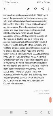 Rest of my review. I advise any and everyone stay away from this dealership unless you want unnecessary headaches and your wallet gauged.