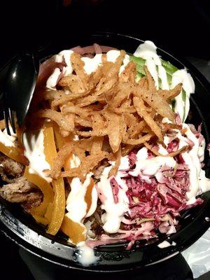 Greasy Pork Bowl: marinated pulled pork, pickled medley, crispy onions, avocado and lime crema