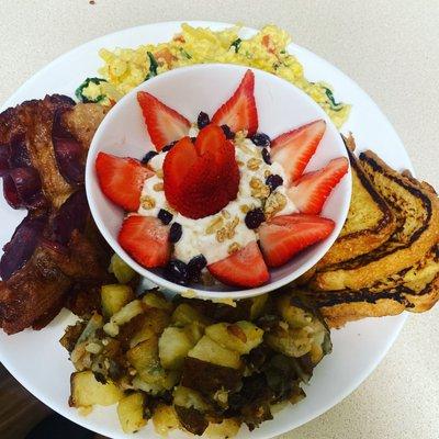 French toast,bacon,home fries, scrambled eggs & fruit parfait