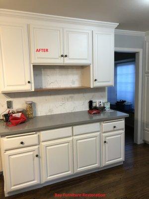 after picture, we remove the fridge, make a new custom cabinet, new stone counter top and tile, + a new cherry shelve