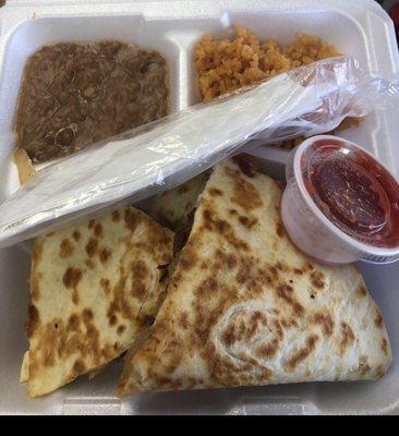 Quesadilla, rice and beans