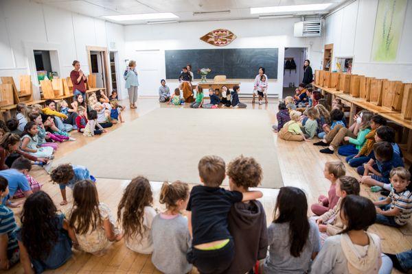 Morning Circle with all students from kindergarten to 8th grade