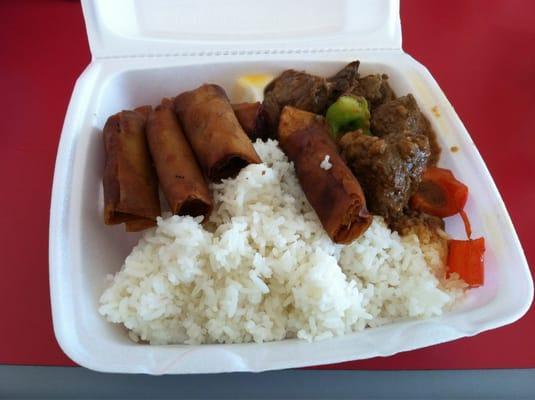 Caldereta and shanghai lumpia with rice