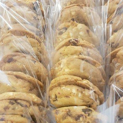 Packaging orange craisin white chocolate chip cookies!