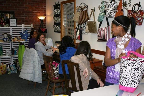 Creating bags and laughter during one of our Sewing 101 Courses.