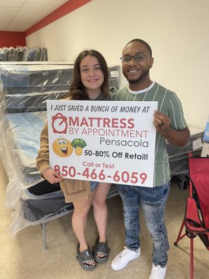 A very satisfied couple that saved a bunch of money on a new mattress at Mattress By Appointment Pensacola!