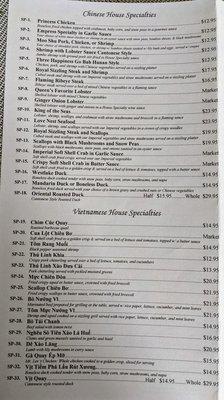 Chinese / Vietnamese House Specialty menu 1/13/21