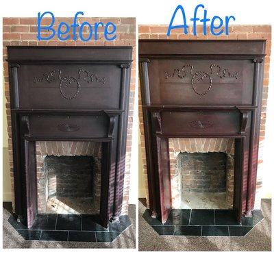 Wooden fireplace surround and mantle before and after