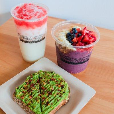 Lava Flow lemonade, Original Acai bowl & Chili lime avocado toast