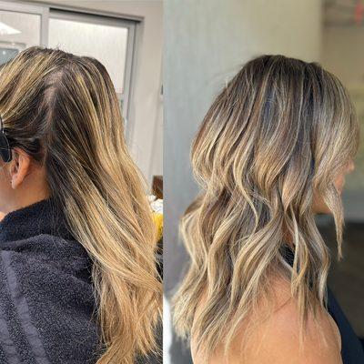 Partial balayage, base color and Brazilian blowout treatment