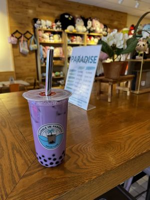 Large taro milk tea with boba