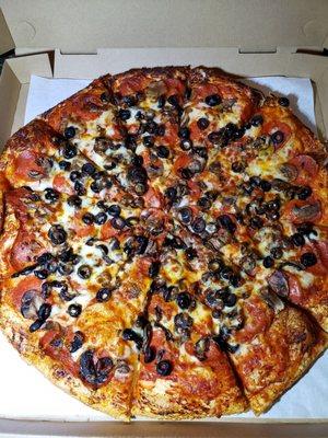 Large build your own with pepperoni,  olives and mushrooms.