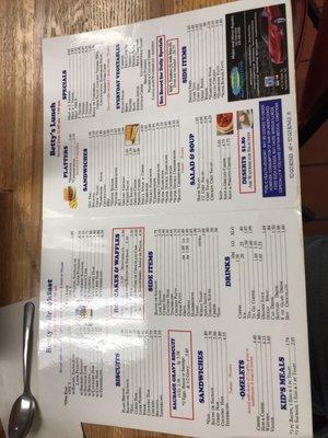 Standard menu with some good choices for a local diner.