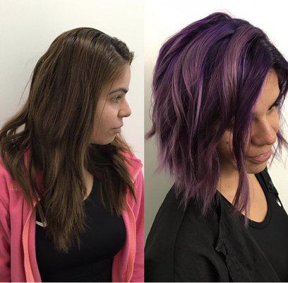 Before and after cut and color. 
Custom purple melt.