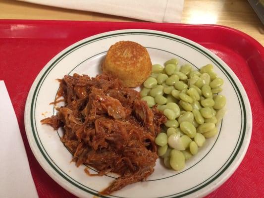 BBQ Pork, butter beans and corn bread