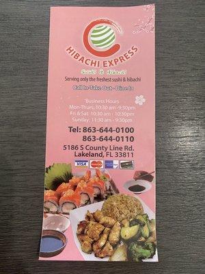 Front of menu with phone number