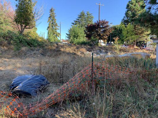 Abandoned and trashed lot with needles and homeless encampment owned by Thomas James Homes