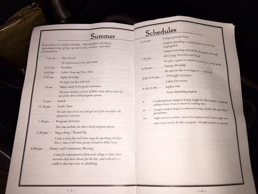 Sample of summer schedule of day activities.