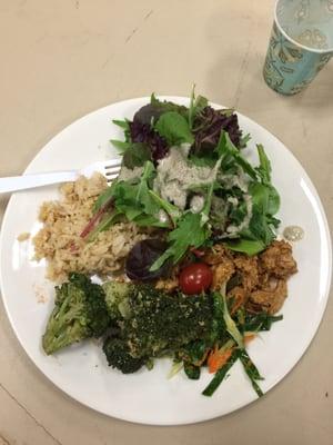 Vegan chicken, basmati rice, broccoli, salads with sunflower seed dressing.  Delicious.