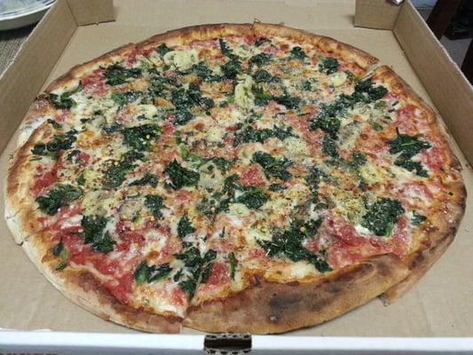 17" (supposed to be 18") pie with mushrooms and spinach for $9.99 on Tuesdays.  (pick any supreme or two topping pie)