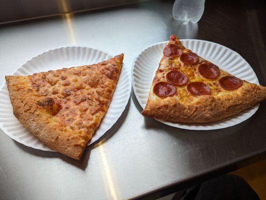 Slices of cheese and pepperoni pizza.