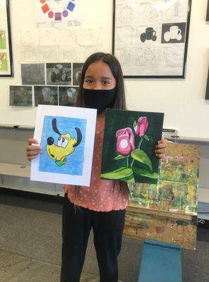 Audrey is so happy to bring home two gorgeous art pieces! Fine art lessons once a week can be so relaxing, and boost confidence, too!