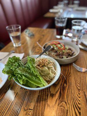 Papaya Salad and grilled sirloin beef tallow fried rice