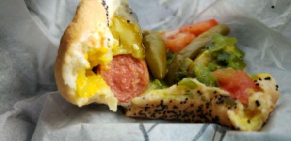 Inside the Chicago red hot dog.