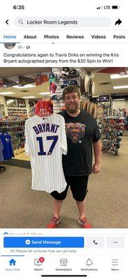 Travis Dirks won an autographed Kris Bryant jersey in the $20 raffle!!!