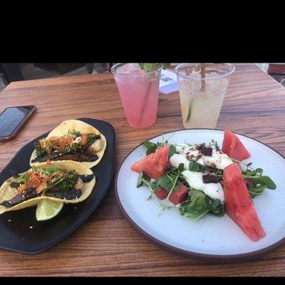 Mushroom tacos and watermelon/burrata app