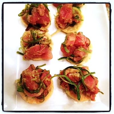 Tuna Tartar with Seaweed Salad on Potato Crisps!