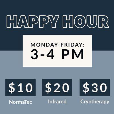 Stop by during Happy Hour from 3-4pm Monday-Friday and enjoy the these drop in rates. Space fills quickly! Book your time soon.