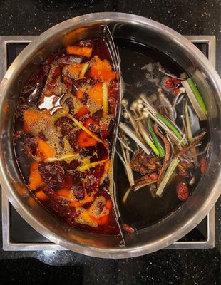 On the left Half&half (Chinese butter) broth, it was super hot  and on the right Wild mushroom, that one was perfect .