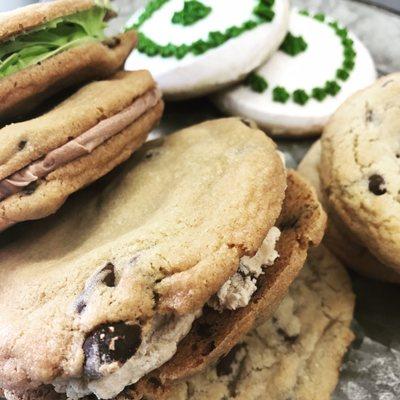 Cookie dough filled chocolate chip cookie sandwich