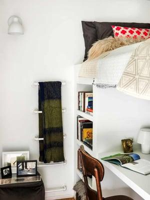 Interior Design, Lofted bed above desk in tiny residential condo.