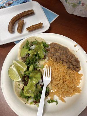 Asada & Pastor taco with rice & beans